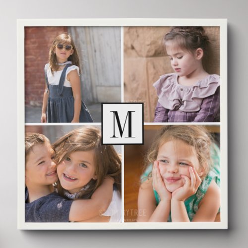 Photo collage with four photos and monogram peel and stick photo tile