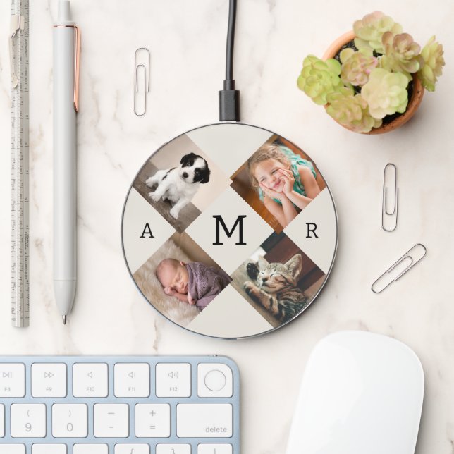 Photo Collage with Monogram on Beige Wireless Charger (Desk)