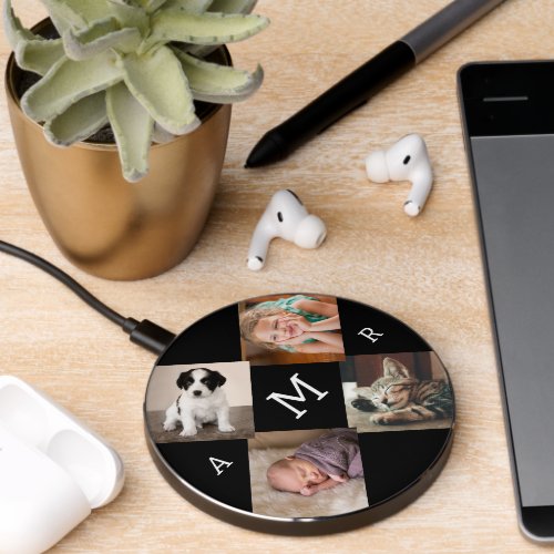 Photo Collage with Monogram on Black Wireless Charger