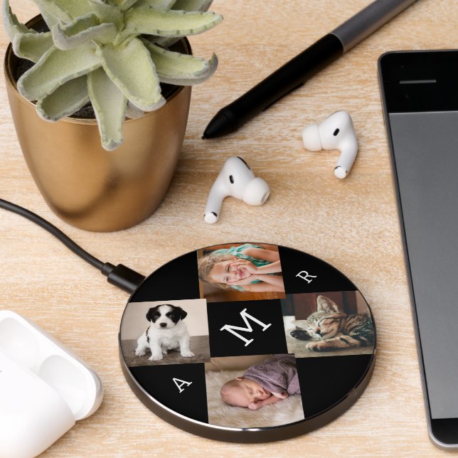 Photo Collage with Monogram on Black Wireless Charger (Desk 2)