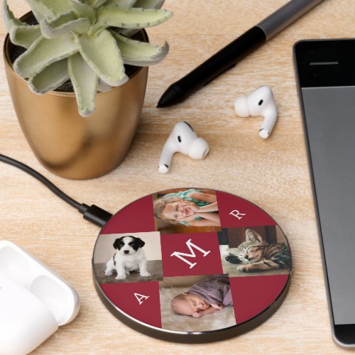 Photo Collage with Monogram on Burgundy Red Wireless Charger