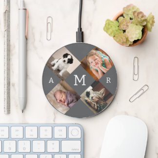 Photo Collage with Monogram on Dark Grey Wireless Charger