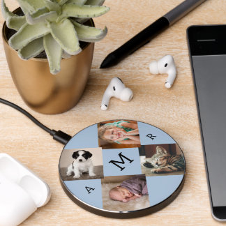 Photo Collage with Monogram on Light Blue Wireless Charger
