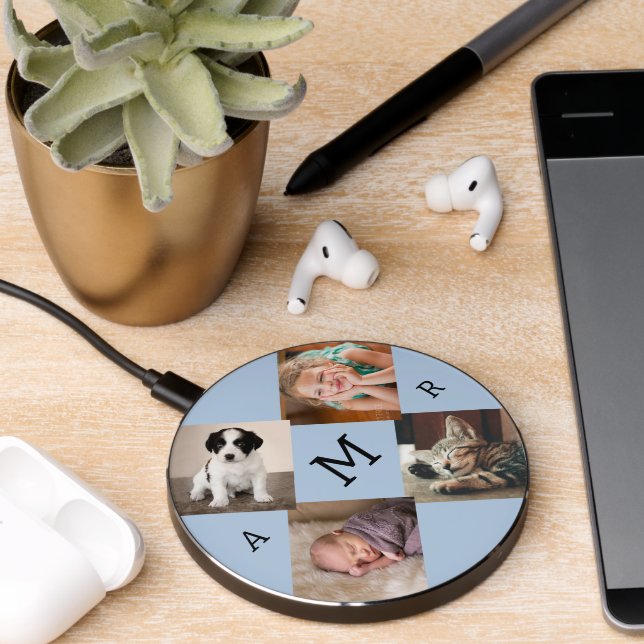 Photo Collage with Monogram on Light Blue Wireless Charger (Desk 2)