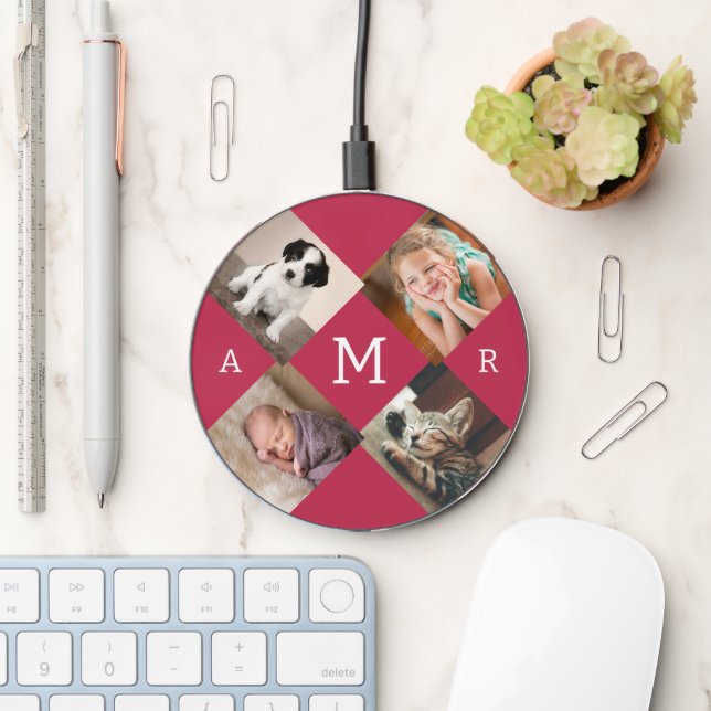 Photo Collage with Monogram on Magenta Wireless Charger (Desk)