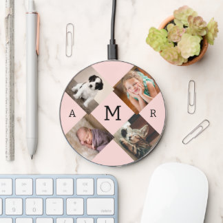 Photo Collage with Monogram on Pink Wireless Charger
