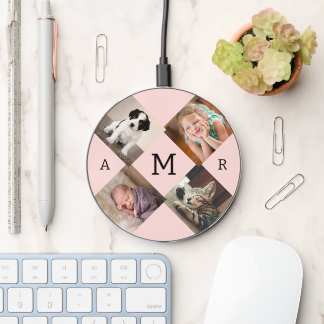 Photo Collage with Monogram on Pink Wireless Charger (Desk)