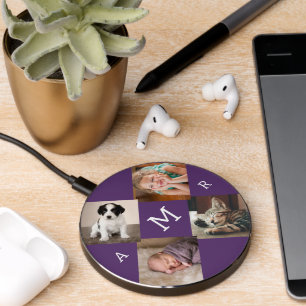 Photo Collage with Monogram on Purple Wireless Charger