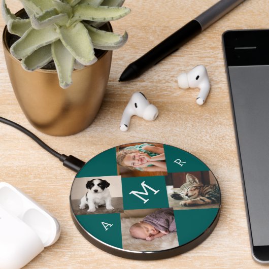 Photo Collage with Monogram on Teal Wireless Charger (Desk 2)