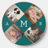 Photo Collage with Monogram on Teal Wireless Charger (Front)