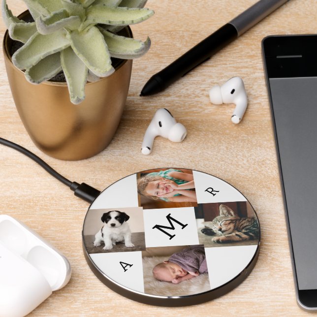 Photo Collage with Monogram on White Wireless Charger (Desk 2)
