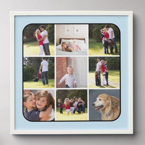 Photo collage with nine photos and blue border peel and stick photo tile