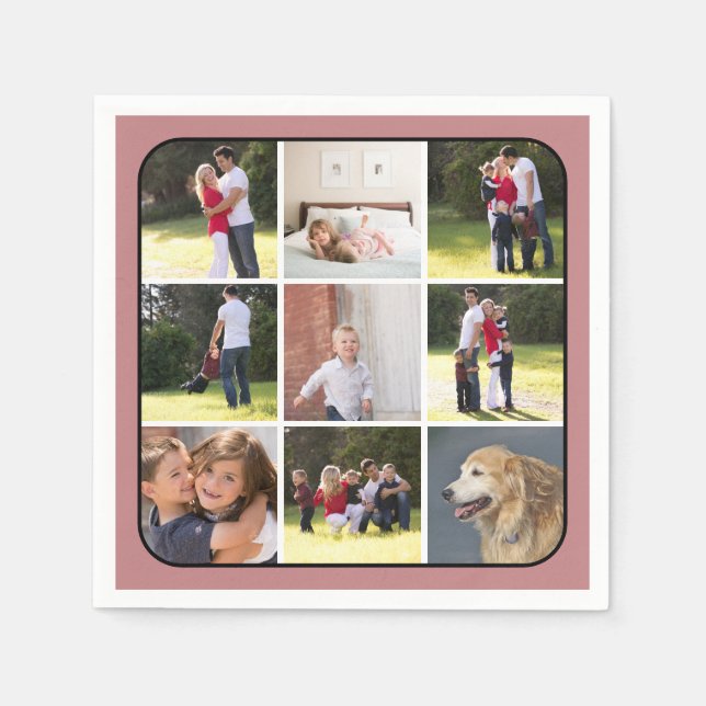 Photo collage with nine photos, dusty rose border napkins (Front)