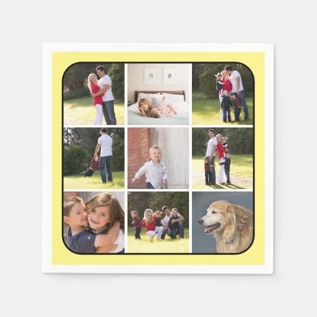 Photo collage with nine photos, pale yellow border napkins (Front)