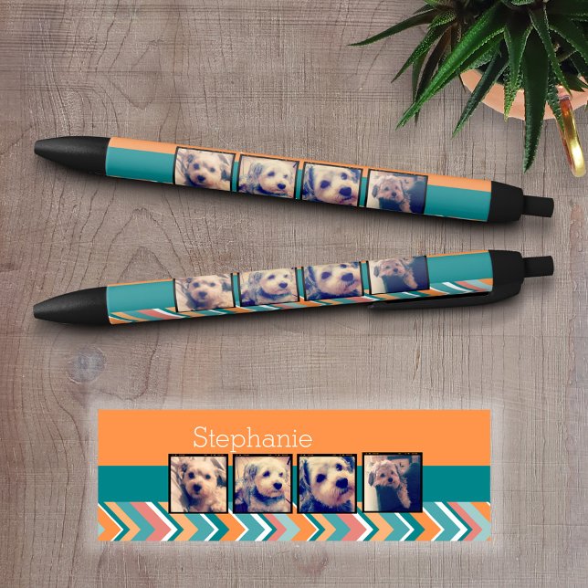 Photo Collage with Orange and Teal Chevrons Pen (Personalized Writing Pens - add your name, monogram or other text)