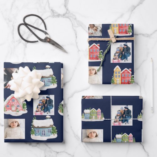 Photo Collage with snowy houses blue Wrapping Paper Sheets