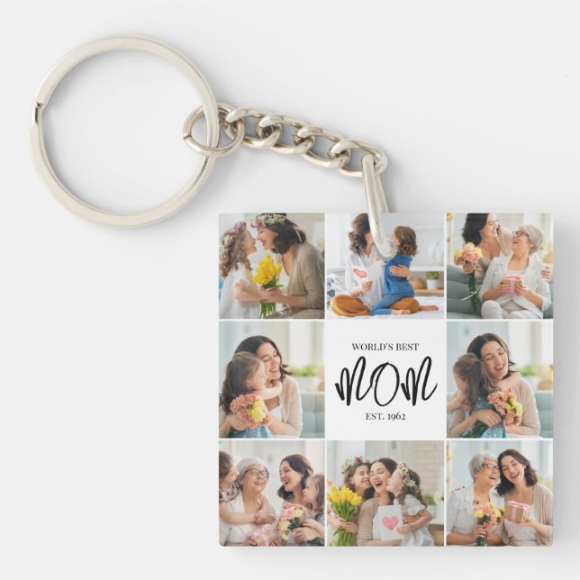Photo Collage World's Best Mom | 8 Photo Keychain (Front)