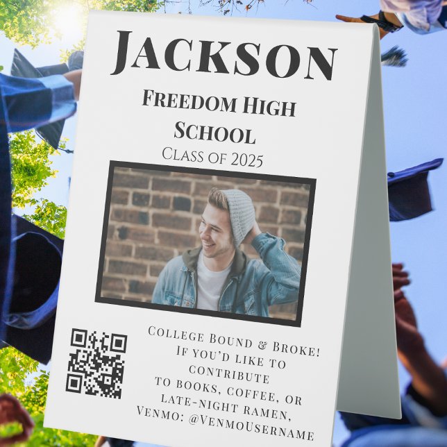 Photo College Fund QR Code Graduation Party Funny Table Tent (Creator Uploaded)