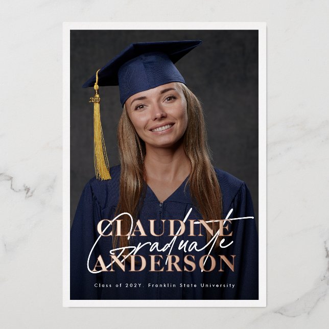 Photo College University Rose Gold Graduate Party Foil Invitation (Front)