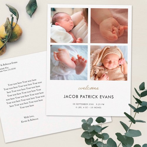 Photo Colllage Modern Boy Girl Birth Announcement Postcard