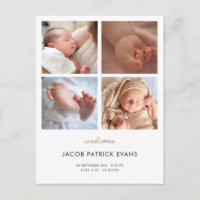 Photo Colllage Modern Boy Girl Birth Announcement Postcard