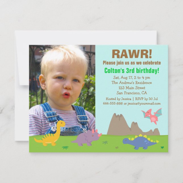 Photo Colourful Dinosaur Birthday Party Invitation (Front)