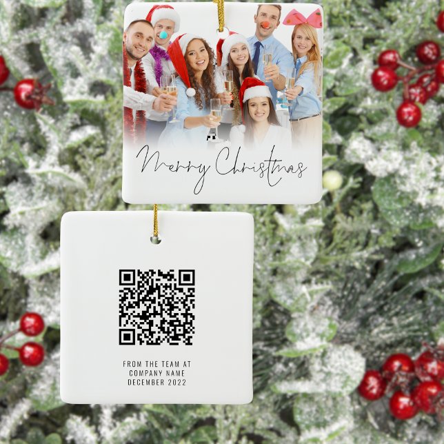 Photo Company QR Code Merry Christmas Giveaway Ceramic Ornament (Front and back view)