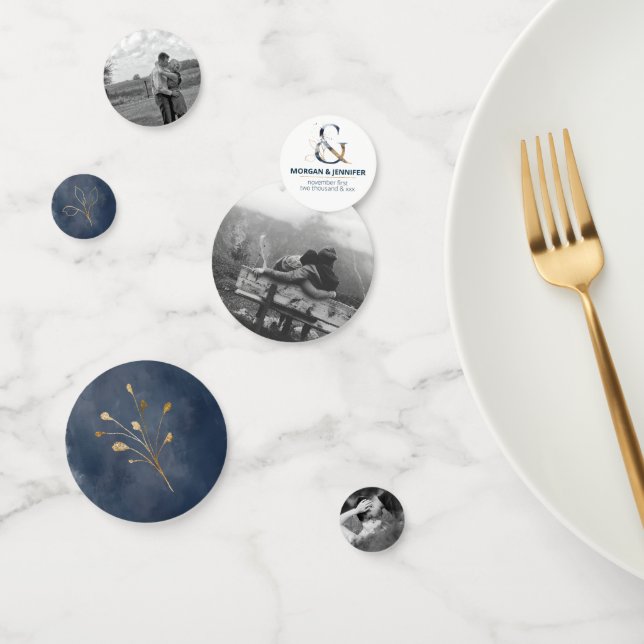 Photo confetti wedding navy and gold table decor (Group)