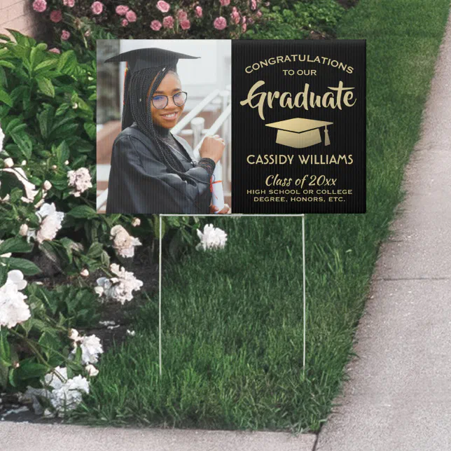 Photo Congrats Black and Gold Graduation Yard Sign | Zazzle