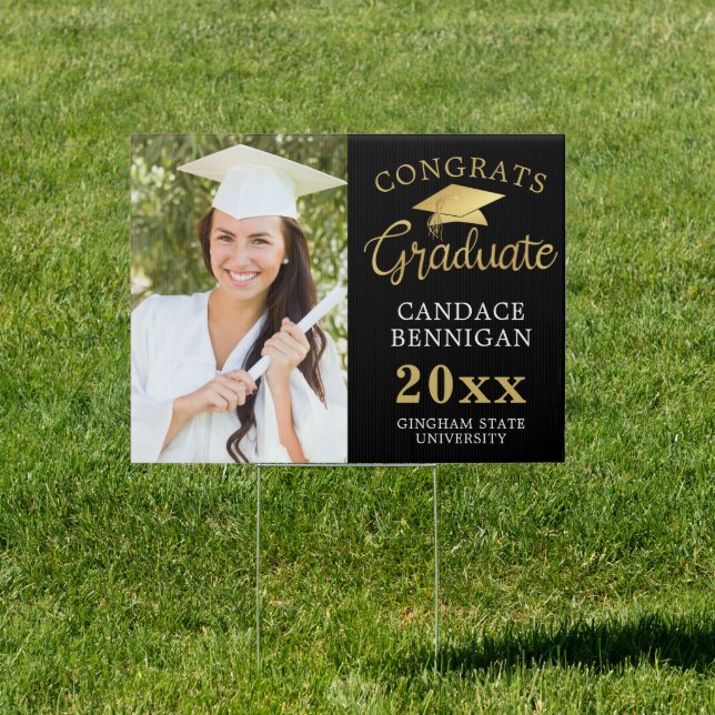 Photo Congrats Black Faux Gold Foil Grad Cap Sign (Insitu)