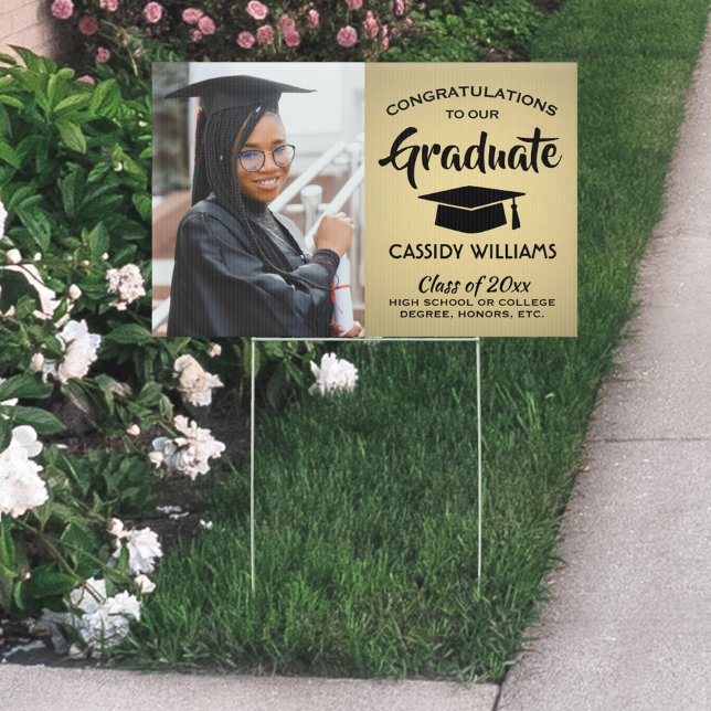 Photo Congrats Black Gold Metallic Graduation Yard Sign (Creator Uploaded)