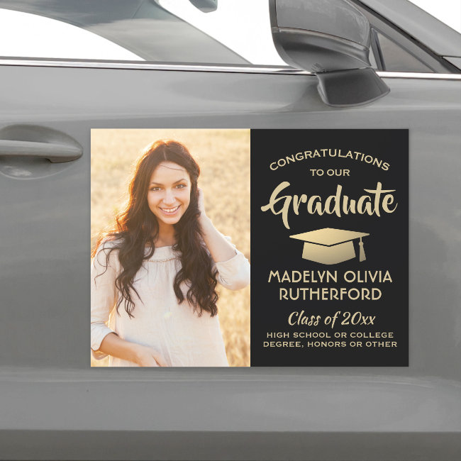 Photo Congrats Black Gold Modern Graduation Parade Car Magnet