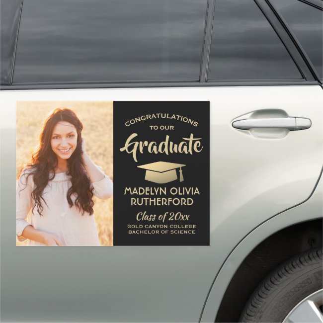 Photo Congrats Black Gold Modern Graduation Parade Car Magnet