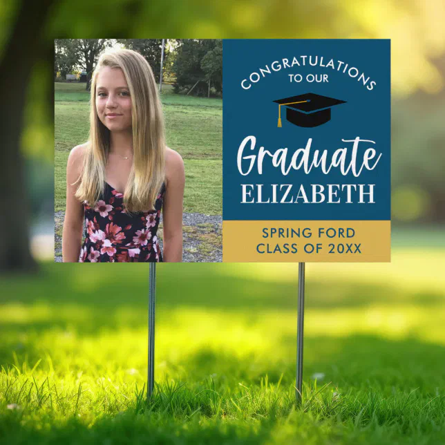 Photo Congrats Blue and Gold Graduation Yard Sign | Zazzle