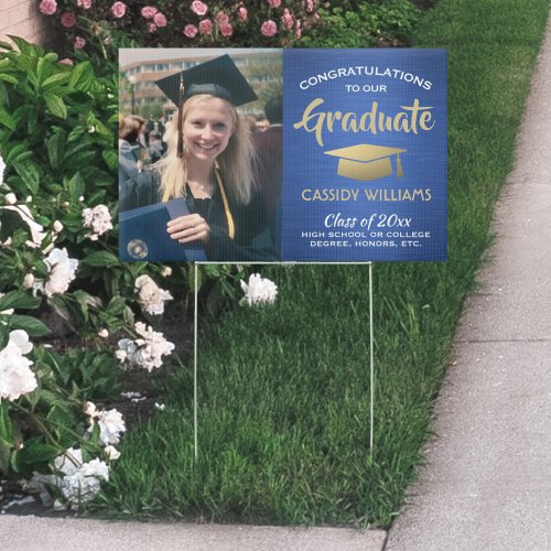 Photo Congrats Blue Gold and White Graduation Yard Sign
