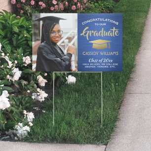 Photo Congrats Blue Gold and White Graduation Yard Sign