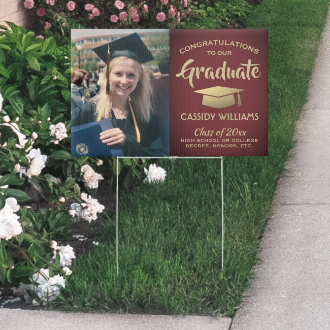 Photo Congrats Burgundy and Gold Graduation Yard Sign