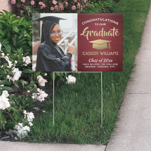 Photo Congrats Burgundy Gold White Graduation Yard Sign