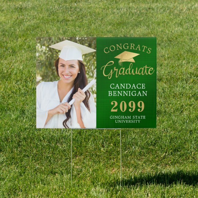 Photo Congrats Grad Green Gold Faux Metallic Sign (Insitu)