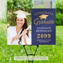 Photo Congrats Grad Navy Blue Gold Faux Metallic Sign