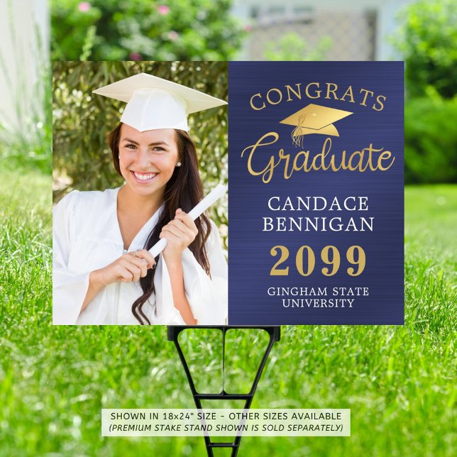 Photo Congrats Grad Navy Blue Gold Faux Metallic Sign (Creator Uploaded)