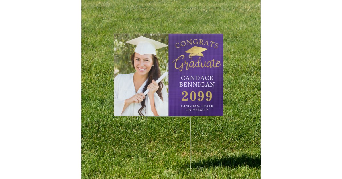 Photo Congrats Grad Purple Gold Faux Metallic Sign | Zazzle