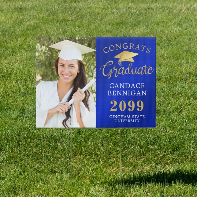 Photo Congrats Grad Royal Blue Gold Faux Metallic Sign (Insitu)