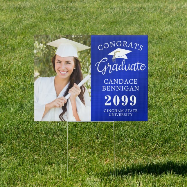 Photo Congrats Grad Royal Blue White Faux Metallic Sign (Insitu)