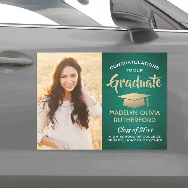 Photo Congrats Green Gold White Graduation Parade Car Magnet (Creator Uploaded)