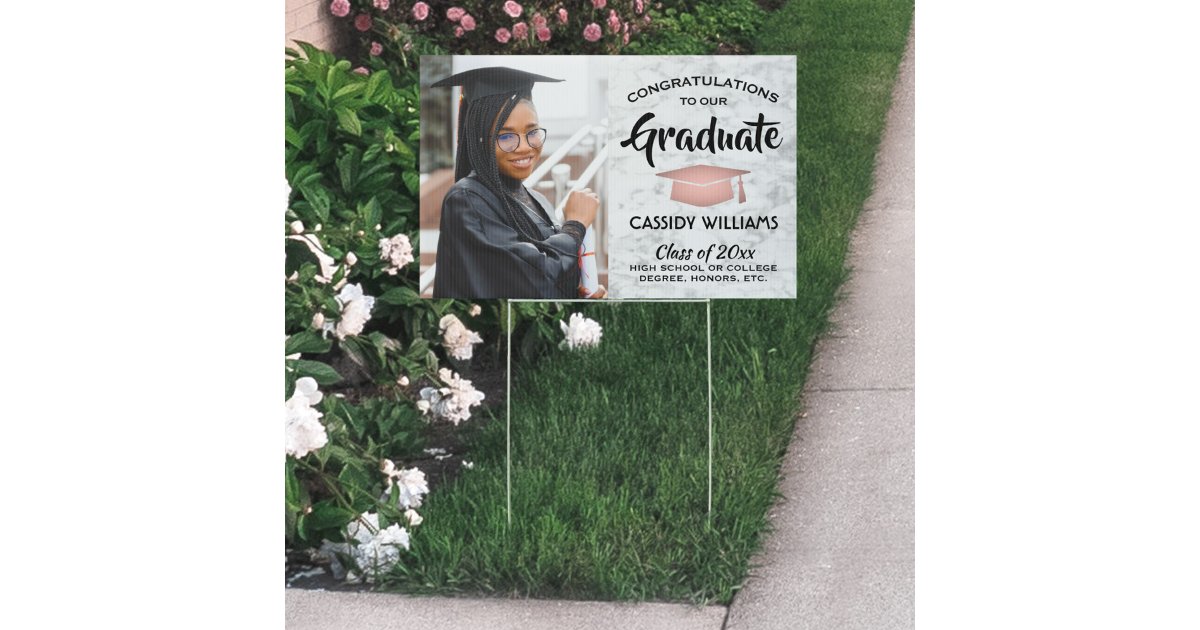 Photo Congrats Marble Pink & Black Graduation Yard Sign | Zazzle