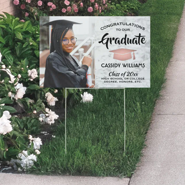 Photo Congrats Marble Pink & Black Graduation Yard Sign | Zazzle