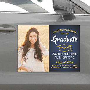 Photo Congrats Navy Blue Gold Yellow Graduation Car Magnet