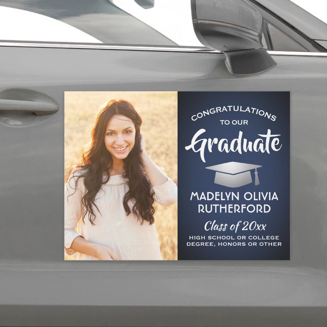 Photo Congrats Navy Blue White & Silver Graduation Car Magnet (Creator Uploaded)