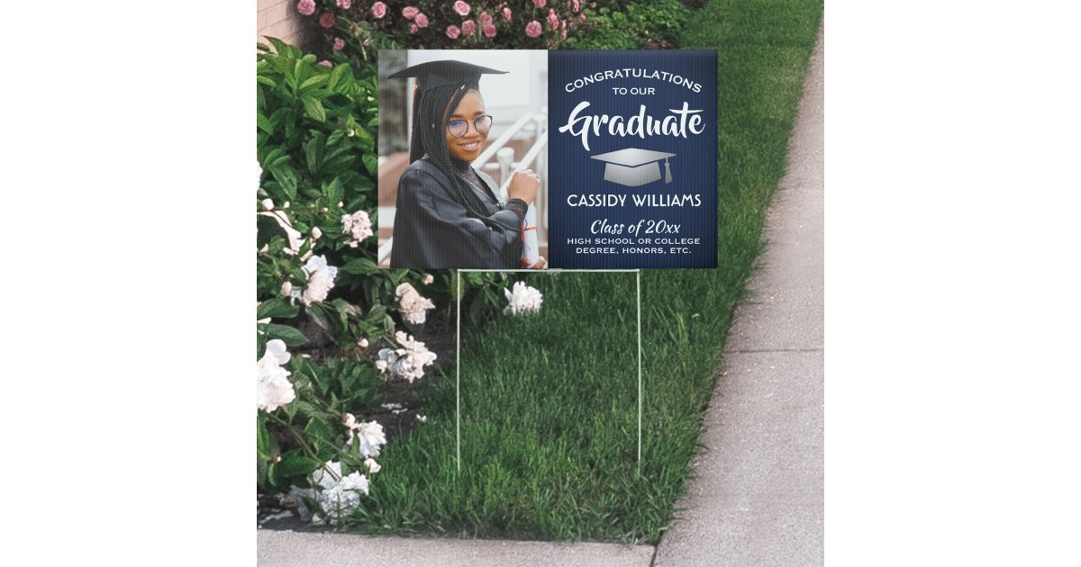 Navy Grad Sign Photo Congrats Navy Blue White & Silver Graduation Sign | Zazzle
